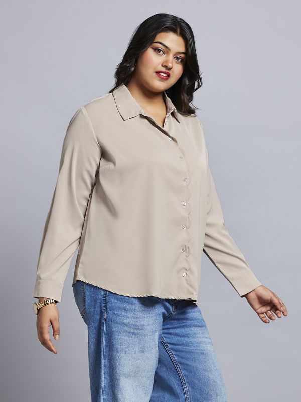 Globus Gloplus Women Beige Collared Neck Cuff Sleeves Shirt Style Plus Size Workwear Top