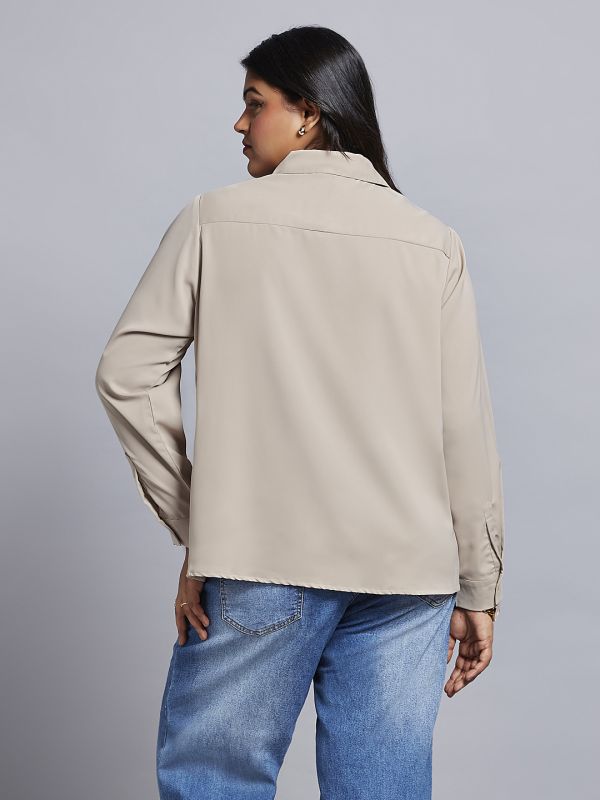 Globus Gloplus Women Beige Collared Neck Cuff Sleeves Shirt Style Plus Size Workwear Top