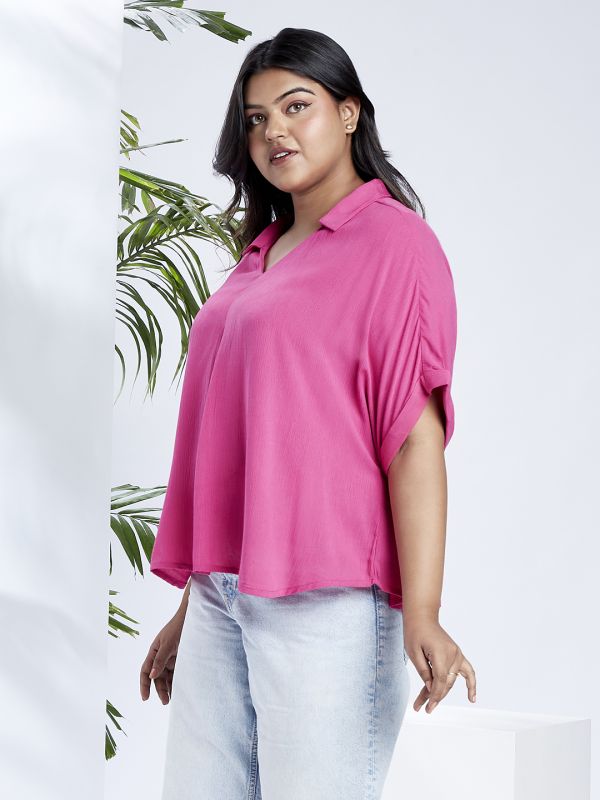 Globus Gloplus Women Pink Collared V-Neck Extended Sleeves Self Design Plus Size Top