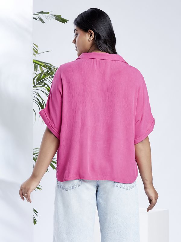 Globus Gloplus Women Pink Collared V-Neck Extended Sleeves Self Design Plus Size Top