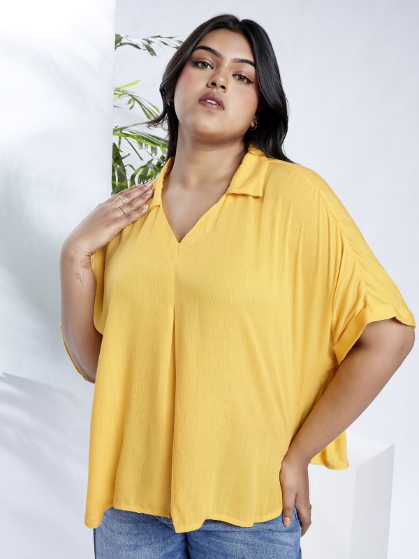 Globus Gloplus Women Yellow Collared V-Neck Extended Sleeves Self Design Plus Size Top