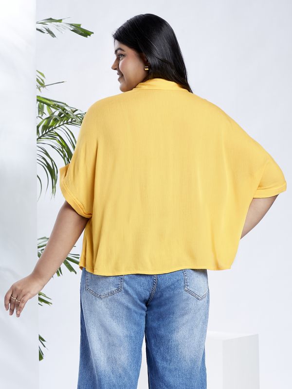 Globus Gloplus Women Yellow Collared V-Neck Extended Sleeves Self Design Plus Size Top