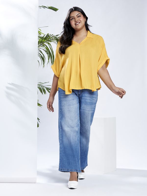 Globus Gloplus Women Yellow Collared V-Neck Extended Sleeves Self Design Plus Size Top