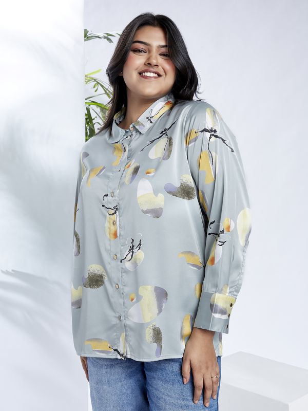 Globus Gloplus Women Blue Collared Neck Cuff Sleeves Abstract Print Plus Size Shirt
