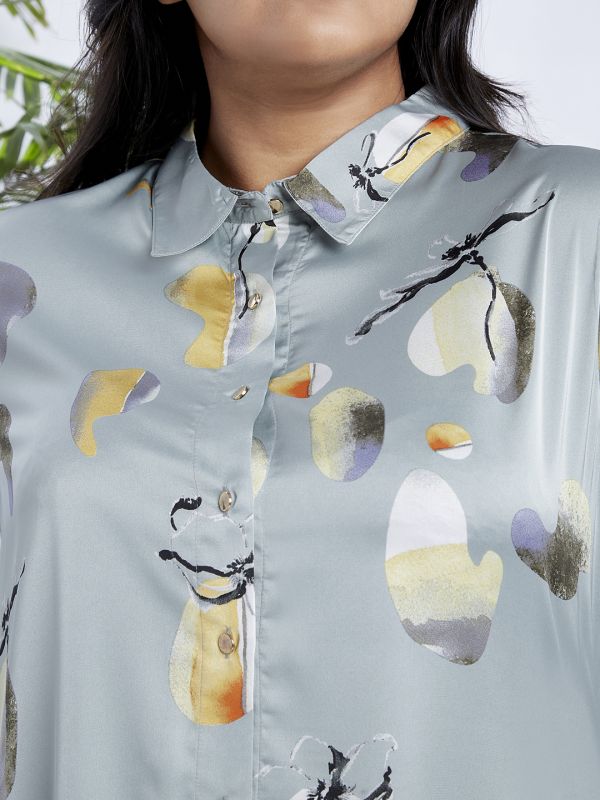 Globus Gloplus Women Blue Collared Neck Cuff Sleeves Abstract Print Plus Size Shirt