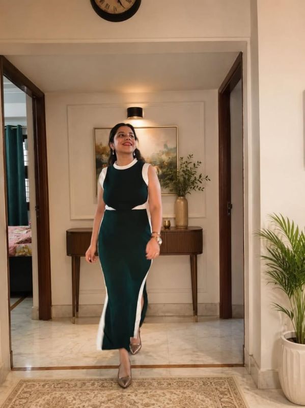 Globus Women Green Round Neck Sleeveless Colourblock Side Slit Midi Bodycon Workwear Dress