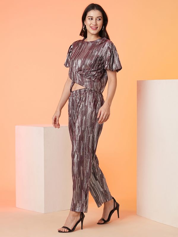 Globus Women Maroon Striped Top & Trouser Co-Ord Set