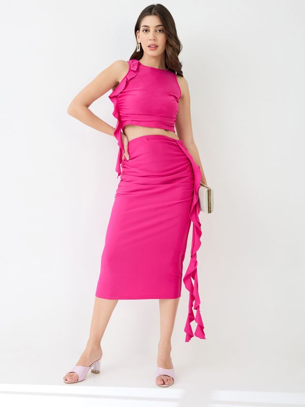 Globus Women Pink Round Neck Ruffles Detail Stretchable Bodycon Crop Top & Mid-Rise Midi Skirt Party Co-Ord Set
