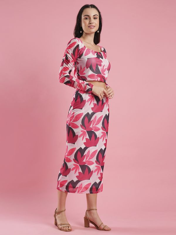 Globus Women Multi Colour Floral Print Square Neck Crop Top & Calf Length Pencil Skirt Co-Ord Set