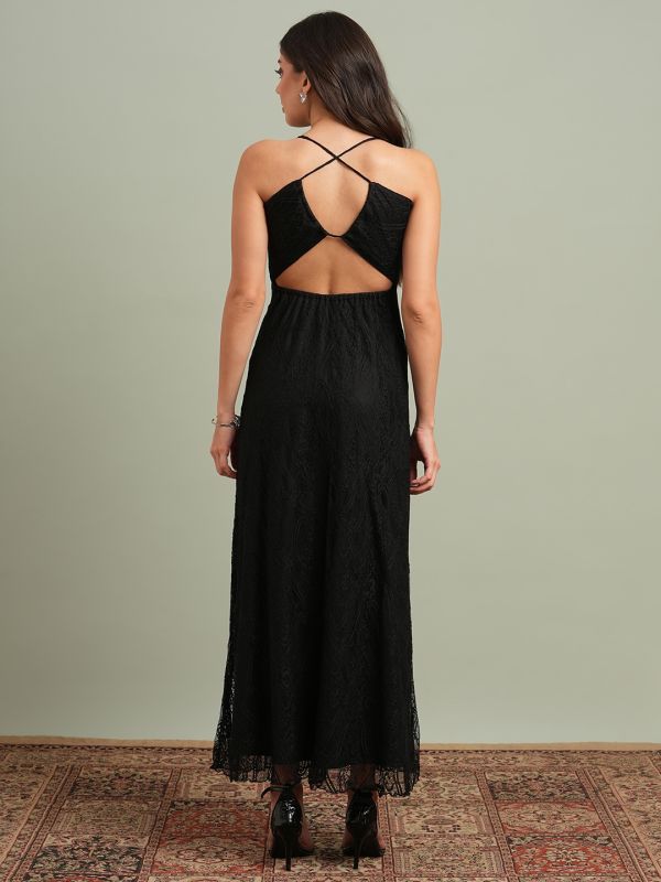 Globus Women Black V-Neck Back Side Cross Strap Cut-Out Detail Lace Fit & Flare Maxi Party Dress