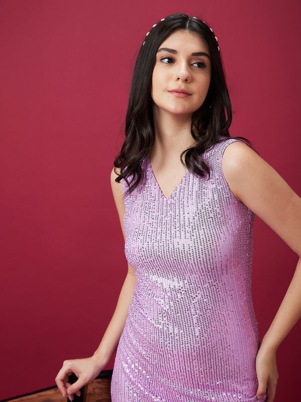 Globus Women Lavender Embellished Sequined V-Neck Party Bodycon Dress