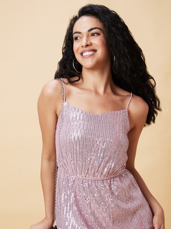 Globus Women Mauve Sequined Embellished Strappy Party Bodycon Dress