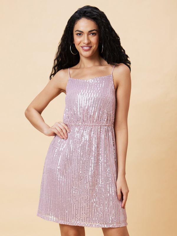 Globus Women Mauve Sequined Embellished Strappy Party Bodycon Dress