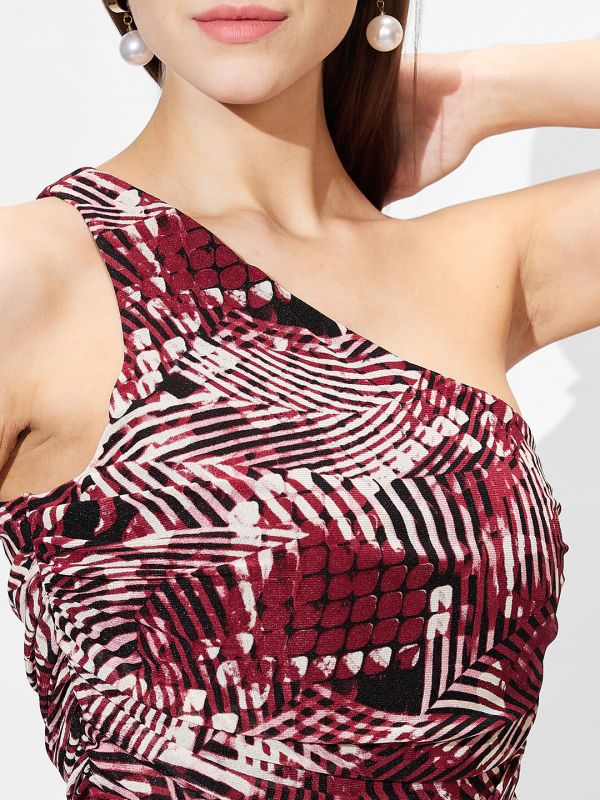 Globus Women Burgundy One Shoulder Abstract Printed Curved Hem Ruched Midi Bodycon Party Dress