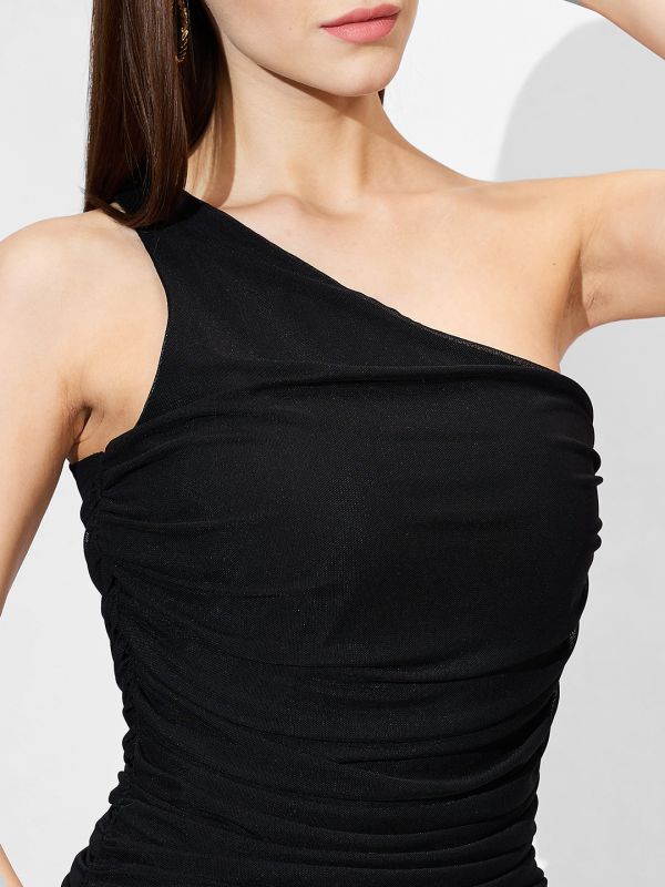 Globus Women Black One Shoulder Solid Curved Hem Ruched Midi Bodycon Party Dress