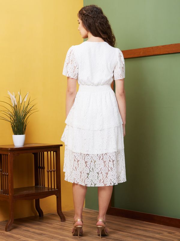 Globus Women White Self Design Party V-Neck Fit and Flare Dress