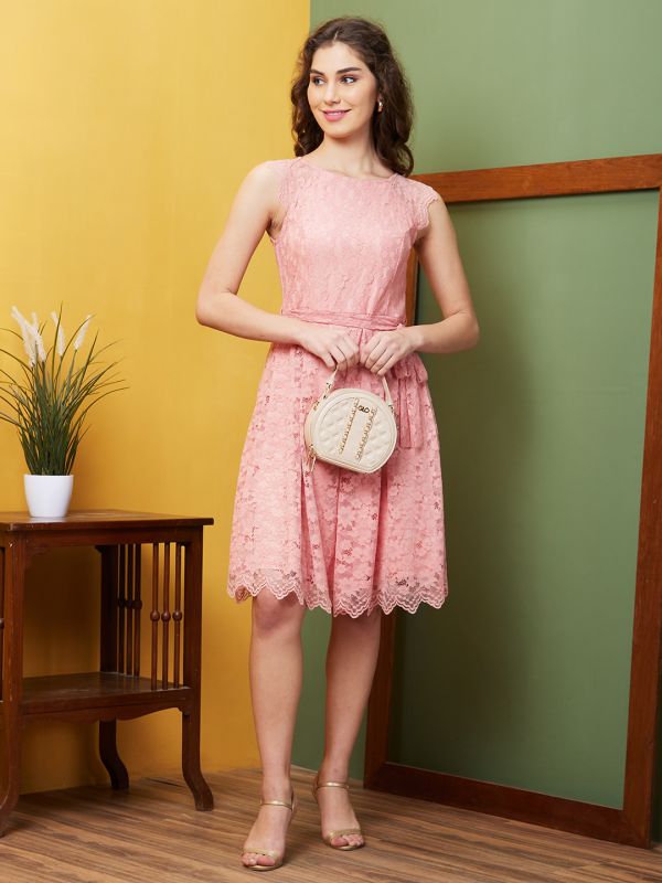 Globus Women Peach Floral Lace Pleated Belted Fit & Flare Party Dress