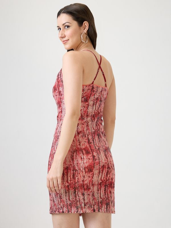 Globus Women Red Cowl Neck Strappy Sleeves Stylized Back Sequinned Mini Bodycon Party Dress