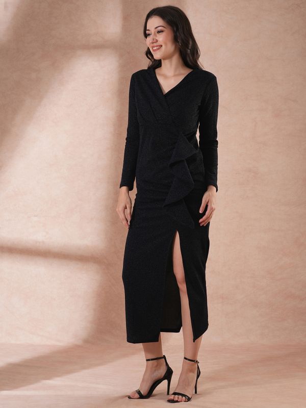 Globus Women Navy Blue Long Sleeves V-Neck Ruffle Detail Shimmer Side Slit Bodycon Maxi Party Dress