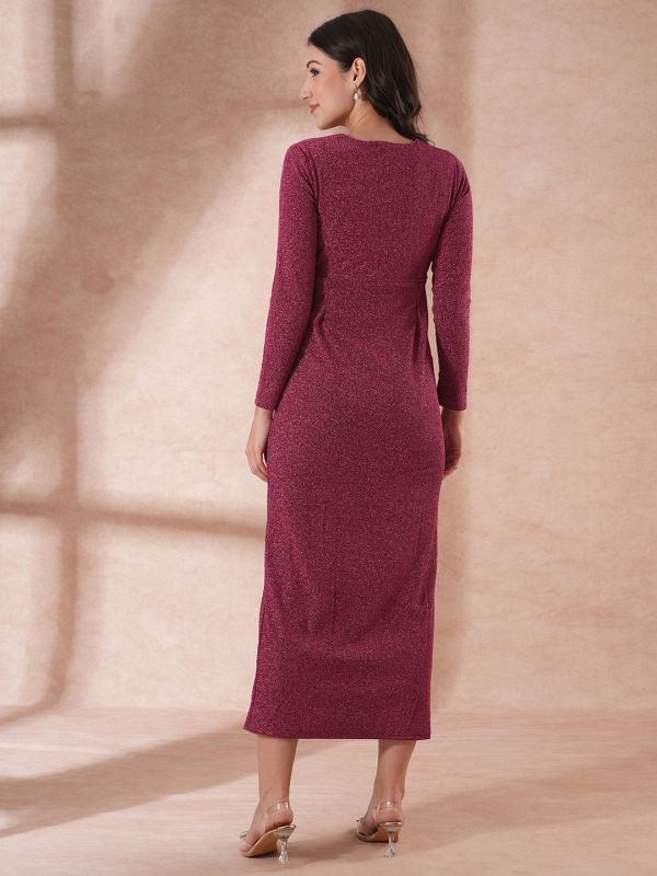 Globus Women Pink Long Sleeves V-Neck Ruffle Detail Shimmer Side Slit Bodycon Maxi Party Dress