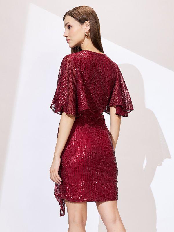Globus Women Maroon Wrap Neck Flared Sleeves Sequinned Mini Bodycon Party Dress