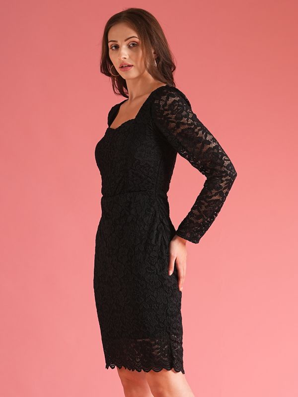 Globus Women Black Stretchable Sweetheart Neck Puff Sleeves Lace Self Design Sheath Party Dress