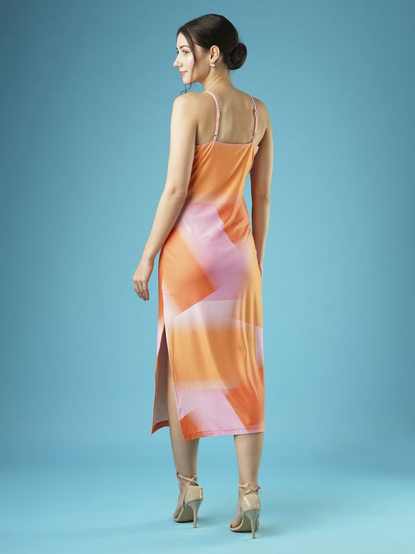 Globus Women Multi Stretchable Abstract Print Strappy Shoulder Cut-Outs Slide Slit Sheath Midi Party Dress