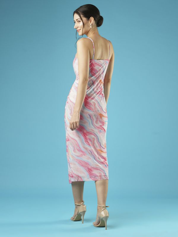 Globus Women Pink Abstract Print Square Neck Strappy Shoulder Ruched Side Slit Midi Bodycon Party Dress