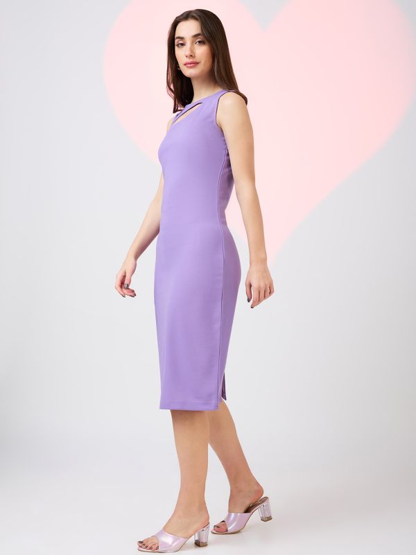 Globus Women Lavender Cut Out Detail Boat Neck Solid Back Slit Midi Sheath Party Dress