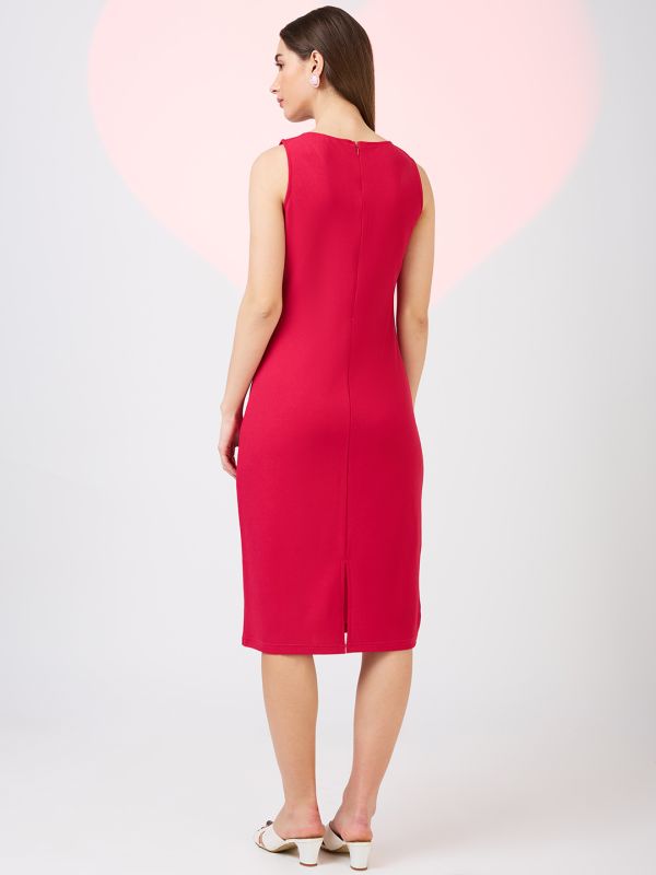 Globus Women Pink Cut Out Detail Boat Neck Solid Back Slit Midi Sheath Party Dress