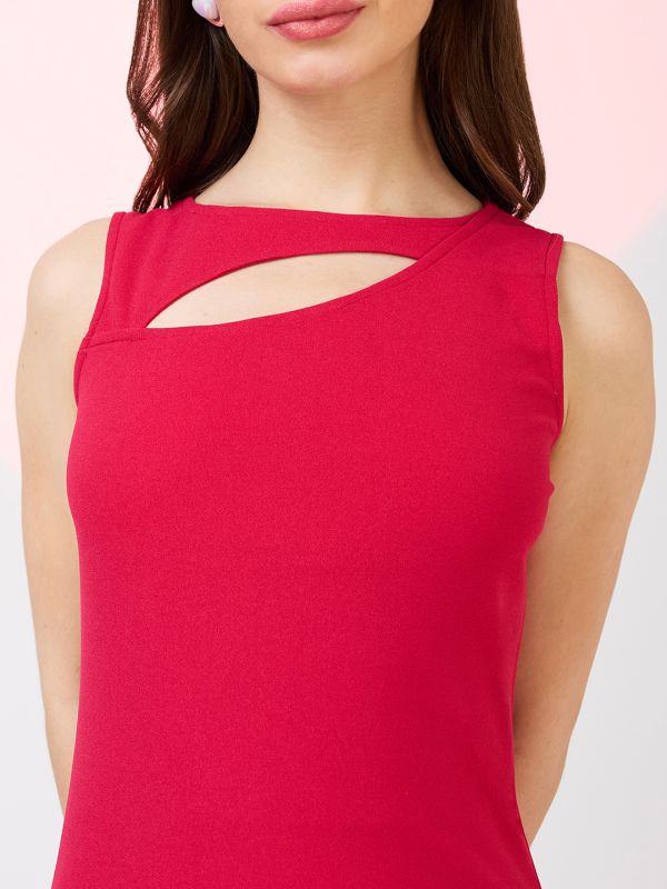 Globus Women Pink Cut Out Detail Boat Neck Solid Back Slit Midi Sheath Party Dress