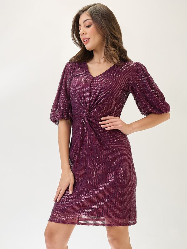 Globus Women Burgundy V-Neck Puff Sleeves Twisted Detail Sequinned Mini Sheath Party Dress