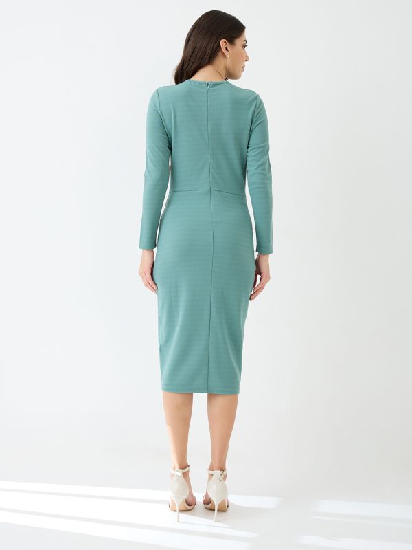 Globus Women Mint Green Round Neck Long Sleeves Solid Twisted Detail Midi Bodycon Party Dress