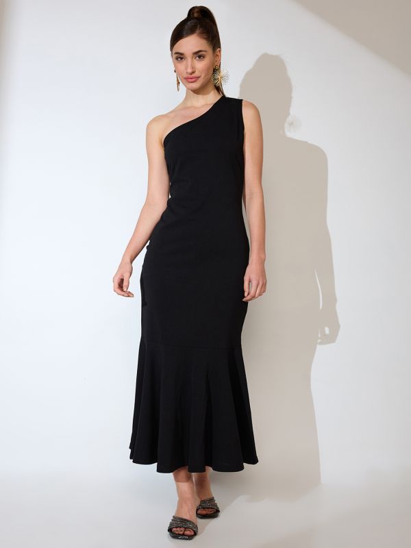Globus Women Black One Shoulder Flared Hem Maxi Bodycon Party Dress