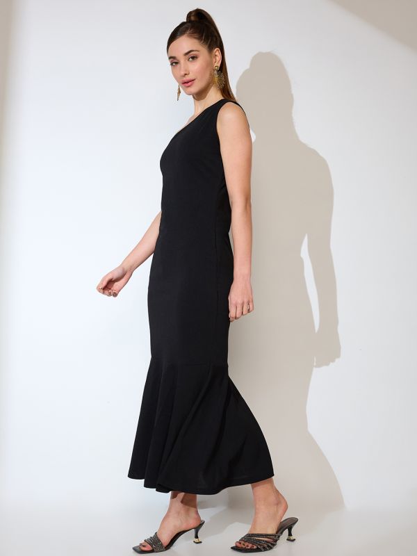Globus Women Black One Shoulder Flared Hem Maxi Bodycon Party Dress