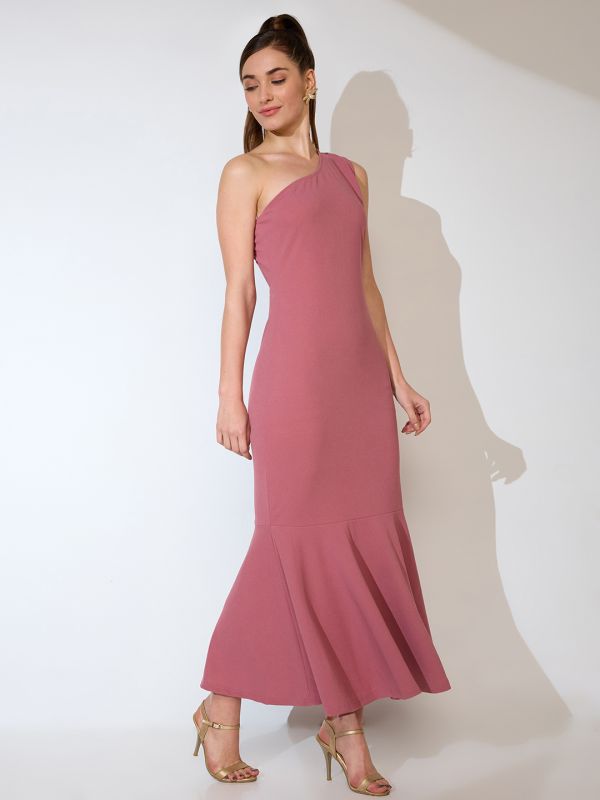 Globus Women Pink One Shoulder Flared Hem Maxi Bodycon Party Dress