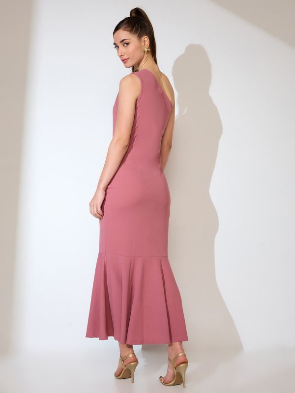 Globus Women Pink One Shoulder Flared Hem Maxi Bodycon Party Dress