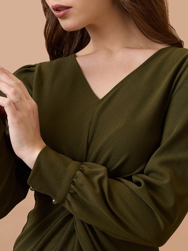 Globus Women Olive V-Neck Cuffed Sleeves Twisted Detail Midi Bodycon Party Dress