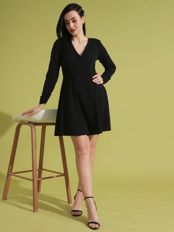 Globus Women Black Ruched Sleeves V-Neck Hong Button Flared  Mini Wrap Party Dress