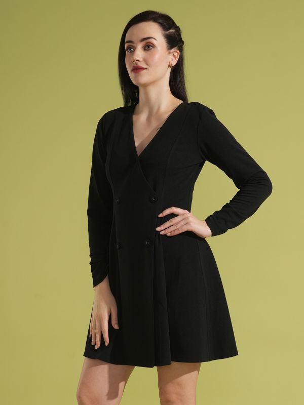 Globus Women Black Ruched Sleeves V-Neck Hong Button Flared  Mini Wrap Party Dress