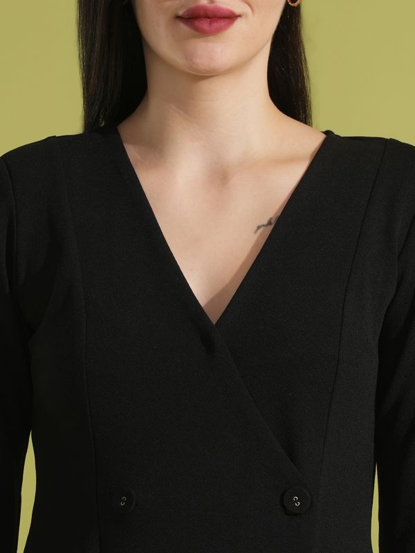 Globus Women Black Ruched Sleeves V-Neck Hong Button Flared  Mini Wrap Party Dress
