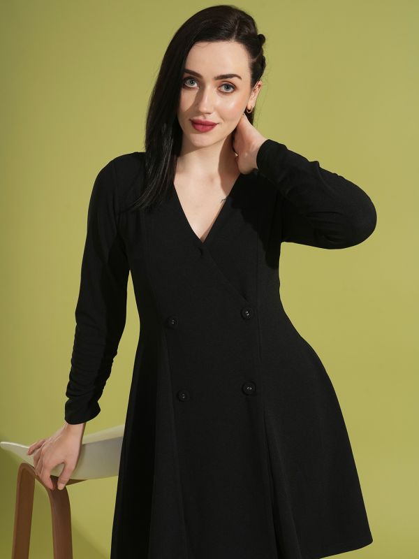 Globus Women Black Ruched Sleeves V-Neck Hong Button Flared  Mini Wrap Party Dress