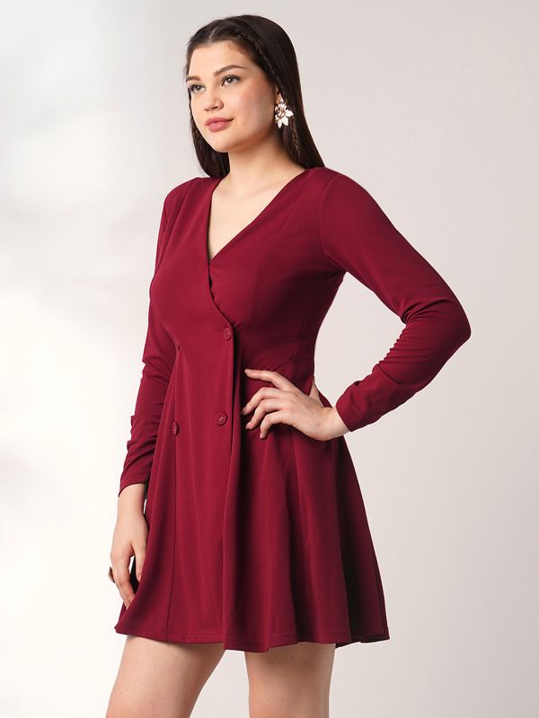 Globus Women Maroon Wrap Neck Long Sleeves Solid Button Detail Mini A-Line Workwear Dress