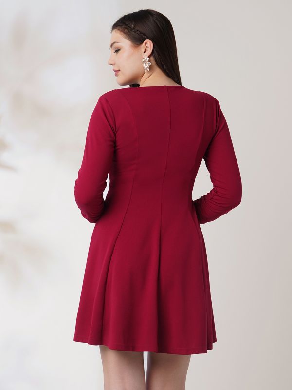 Globus Women Maroon Wrap Neck Long Sleeves Solid Button Detail Mini A-Line Workwear Dress