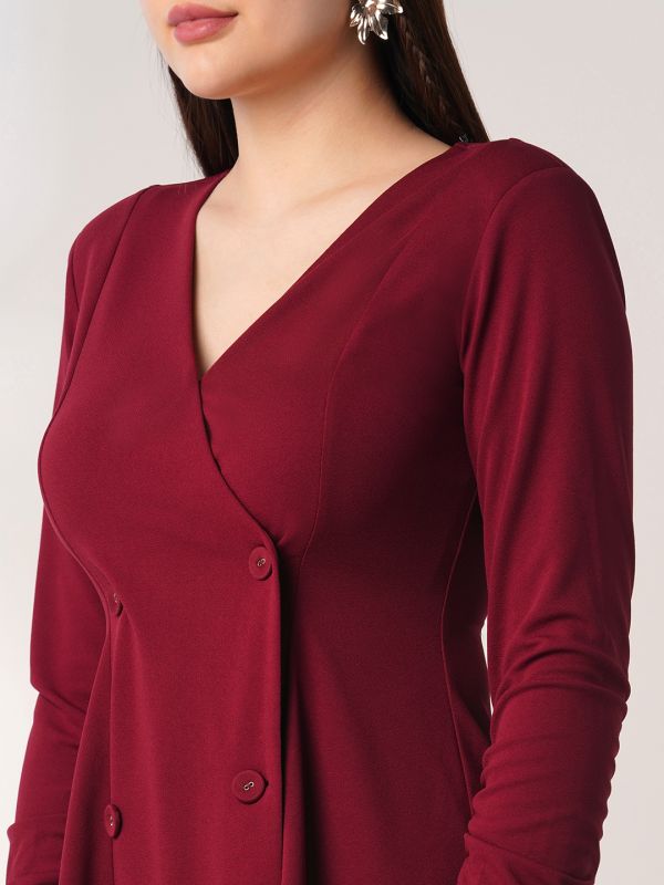 Globus Women Maroon Wrap Neck Long Sleeves Solid Button Detail Mini A-Line Workwear Dress