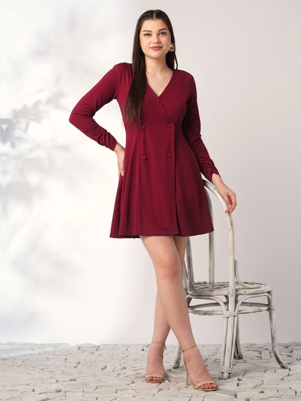 Globus Women Maroon Wrap Neck Long Sleeves Solid Button Detail Mini A-Line Workwear Dress