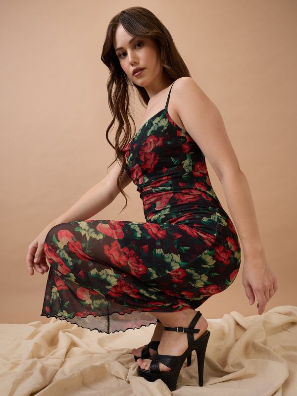 Globus Women Black Floral Print Strappy Sleeves Cowl Neck Back Tie-Up Midi Bodycon Party Dress