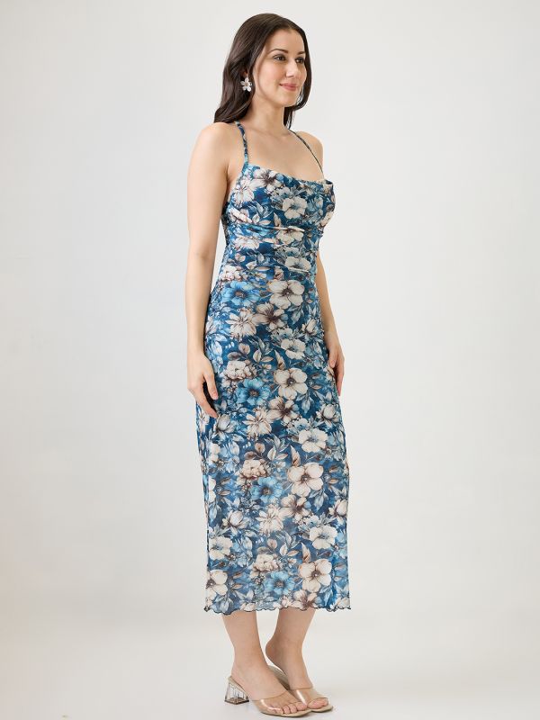 Globus Women Blue Floral Printed Cowl Neck Strappy Sleeves Back Tie-Up Ruched Midi Bodycon Party Dress