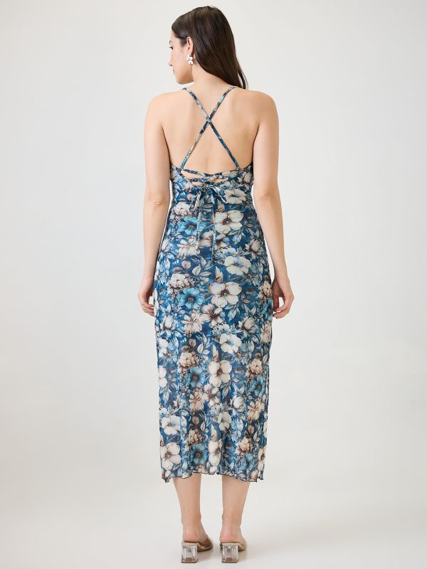Globus Women Blue Floral Printed Cowl Neck Strappy Sleeves Back Tie-Up Ruched Midi Bodycon Party Dress