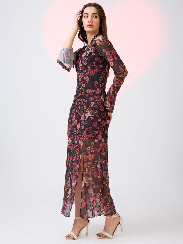 Globus Women Multicolor Frilled V-Neck Bell Sleeves Floral Print Front Slit Net Midi Bodycon Party Dress